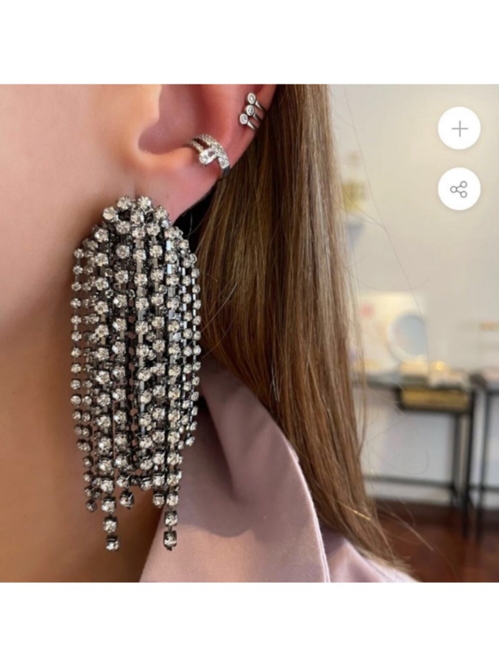 Silver Rhinestone Tassel Fringe Statement Earrings